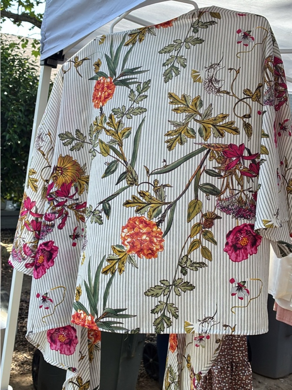 Floral Stripe Wrap Around Blouse in White with Pink & Orange Blooms
